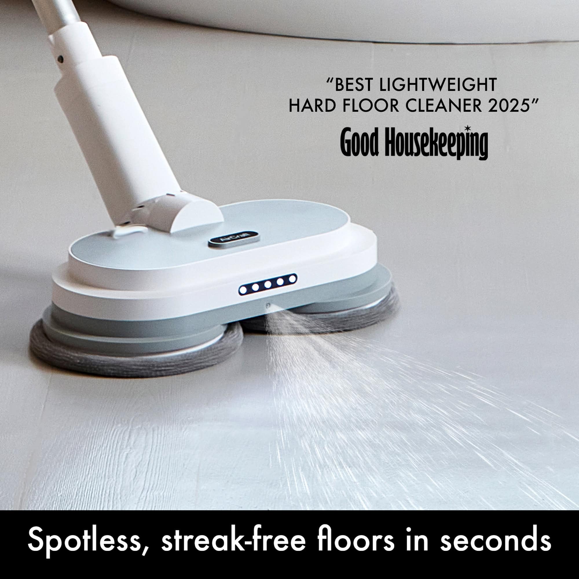 AirCraft PowerGlide CITY cordless hard floor cleaner and polisher - spraying painted wooden floor. GHI awarded - best lightweight hard floor cleaner