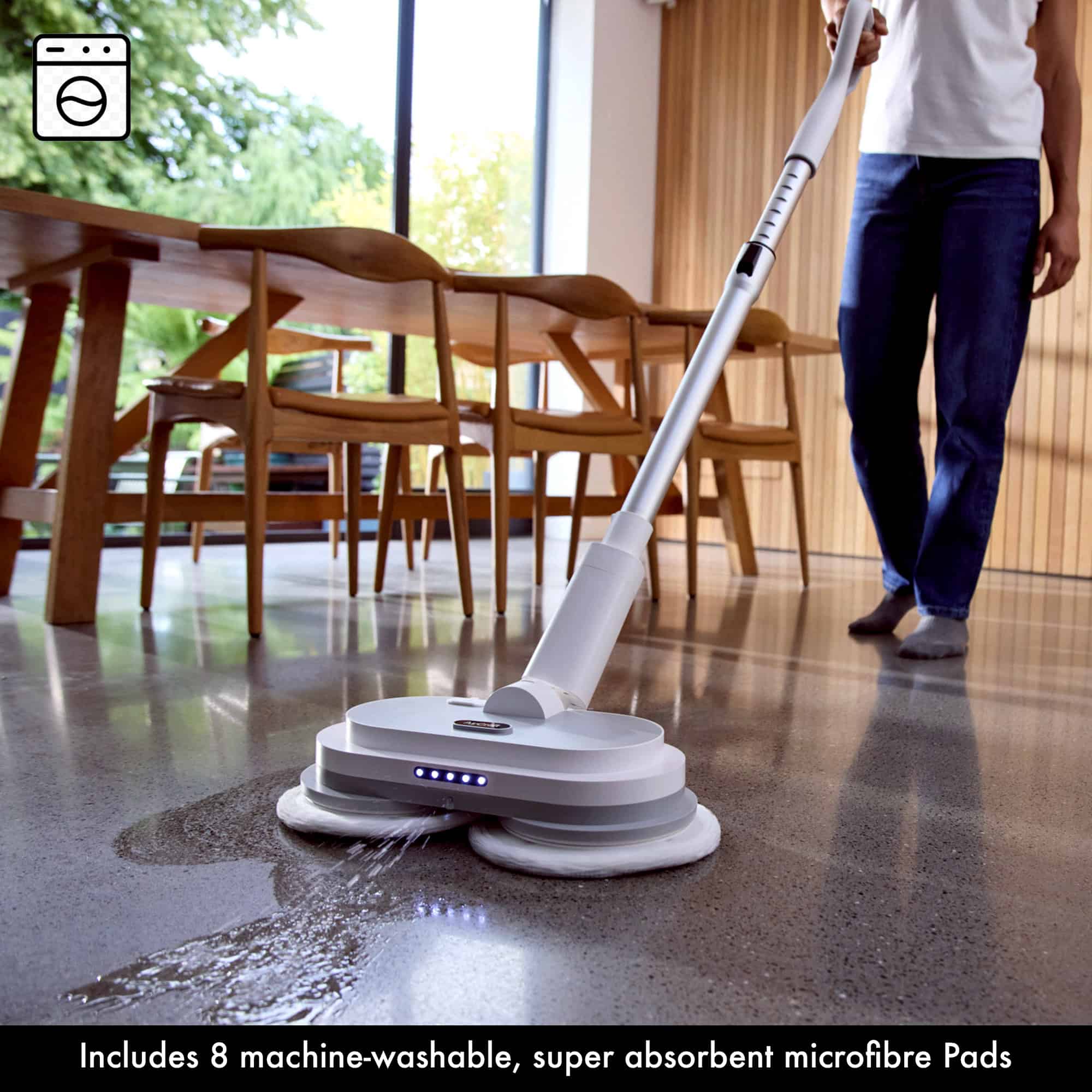 AirCraft PowerGlide City cordless hard floor cleaner polishing & scrubbing a concrete floor. Washable microfibre Pads.