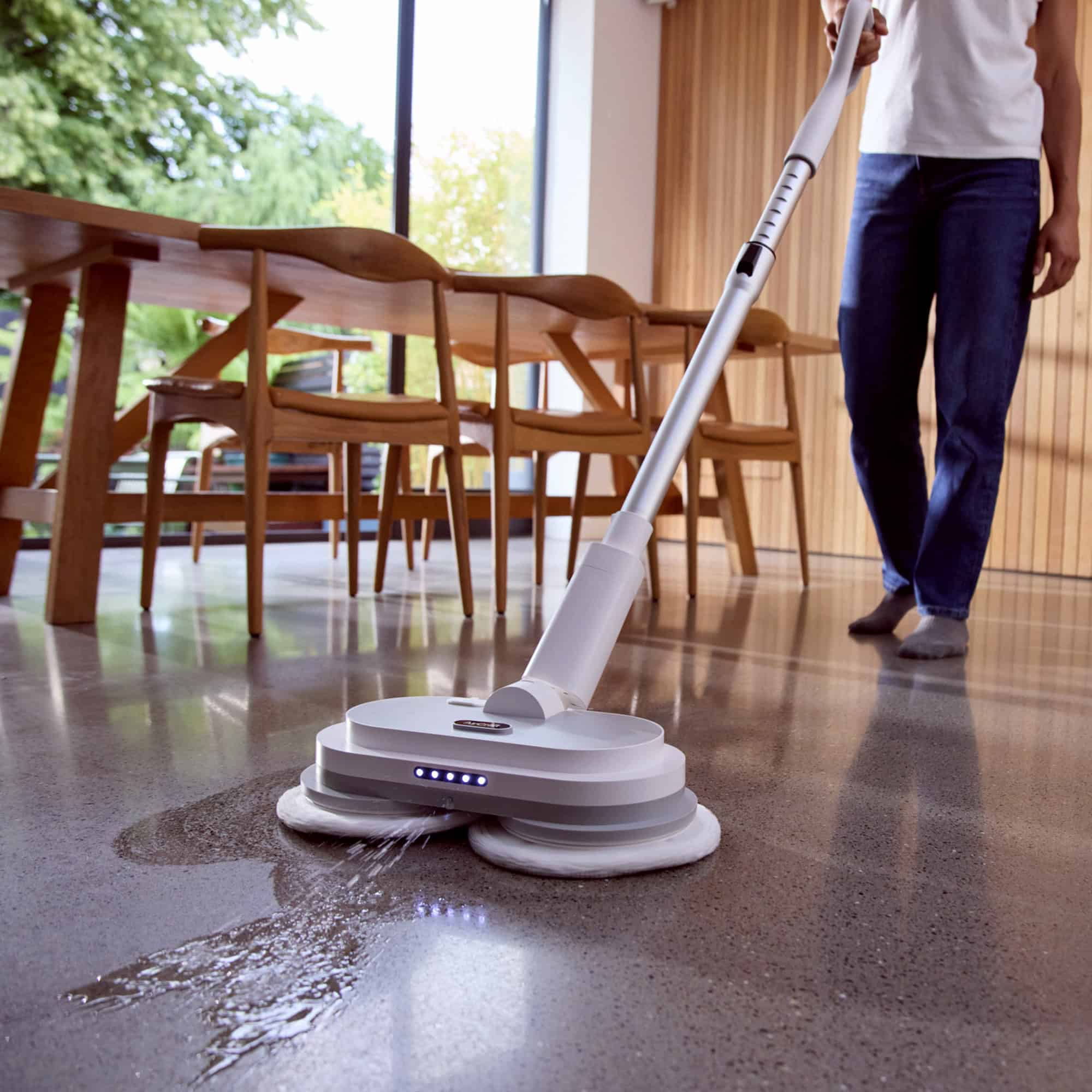 AirCraft PowerGlide City hard floor cleaner scrubbing a concrete floor