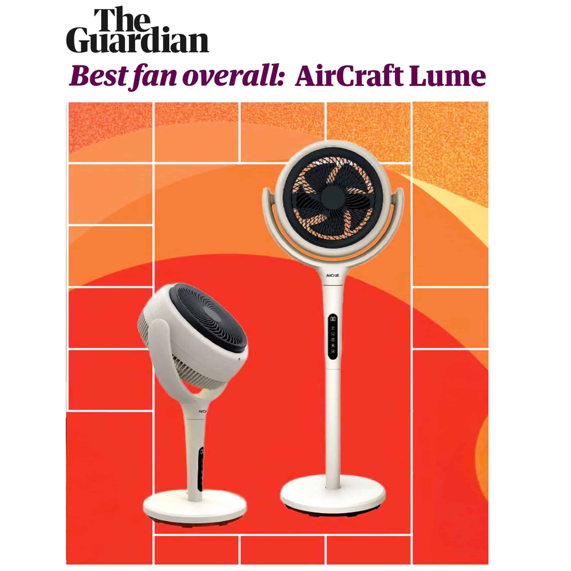 Image of the LUME fan with orange background stating above it: Best Overall: AirCraft LUME fan