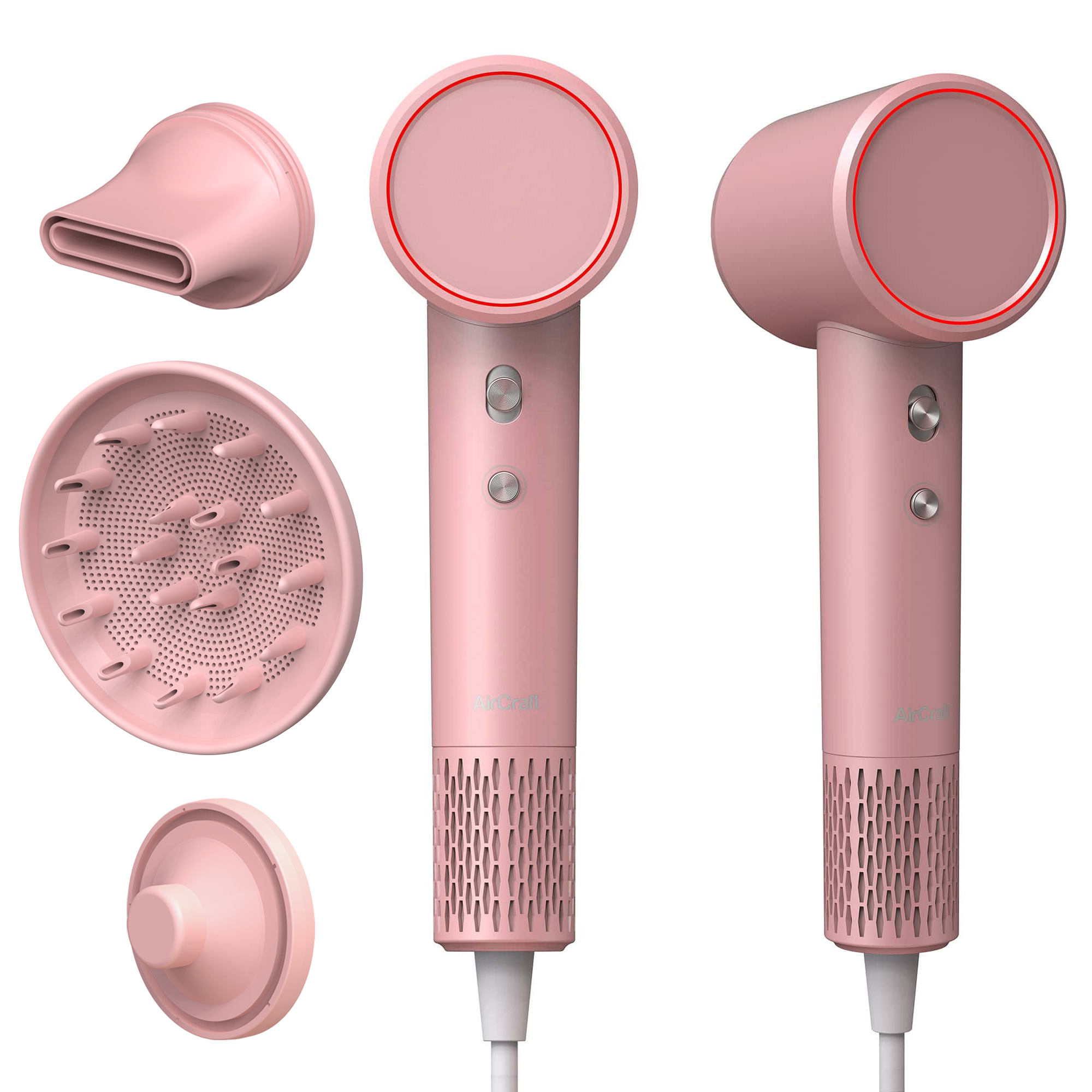 AirCraft AirMotion high speed hair dryer in Blossom Pink with magnetic nozzle, diffuser and wall mount attachments