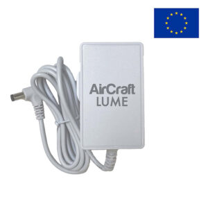 A white UK charger for the EU version of the AirCraft LUME quiet air circulator fan